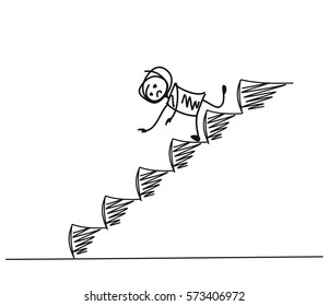 Man on Down Stairs, Cartoon Hand Drawn Vector Background.