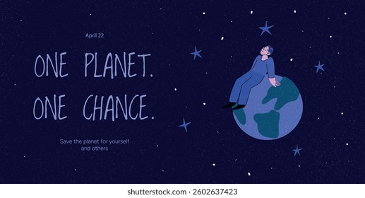 Man on Earth globe in outer space. Concept of saving the planet, sustainability, ecological awareness. Vector illustration for International Mother Earth Day, environmental protection, climate change.