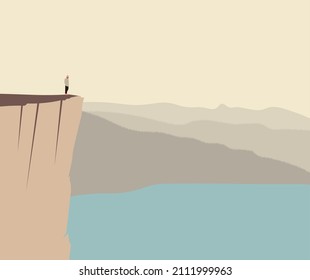 A man on the edge of a cliff. Vector illustration. Landscape with rocks and sea.