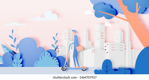 Man on electric scooter in the city with natural and tree background and pastel paper art style vector illustration