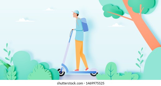 Man on electric scooter in the city with pastel paper art style vector illustration