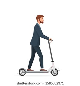 Man on electric scooter flat vector illustration. Male cartoon character riding ecologically clean urban vehicle. Guy in suit using modern personal transporter. Businessman on e-scooter going to work