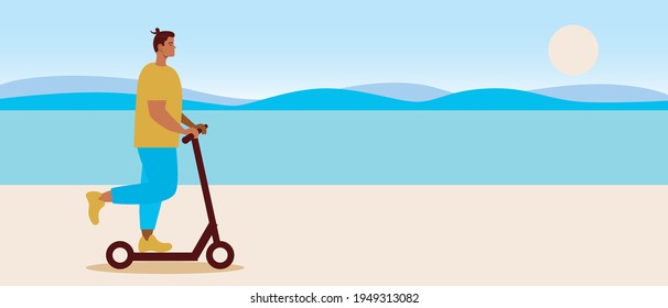 A man on an electric scooter. Flat vector stock illustration. Landscape for copy space. Walk on an e-scooter. Driver rides an electric scooter by the sea. Vector graphics