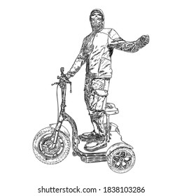 Man on the electric scooter in protective and medical mask to prevent coronavirus COVID-19 disease. New Normal concept illustration. Person portrait in face mask for infection prevention. Vector. 