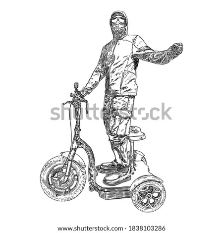 Man on the electric scooter in protective and medical mask to prevent coronavirus COVID-19 disease. New Normal concept illustration. Person portrait in face mask for infection prevention. Vector. 