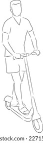 Man on an electric scooter, vector. Hand drawn sketch. A man in flip flops, shorts and a T-shirt rides an electric scooter.