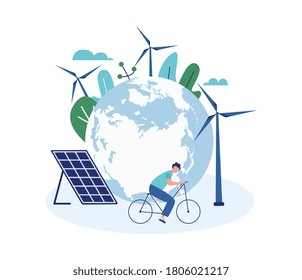 A man on an environmentally friendly transport takes care of the ecology. The concept of saving the planet. Flat vector illustration isolated on a white background.