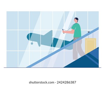 Der Mann auf der Rolltreppe trägt ein Headset und spielt nach der Landung auf seinem Telefon. Zeichengestaltung. Vektorgrafik