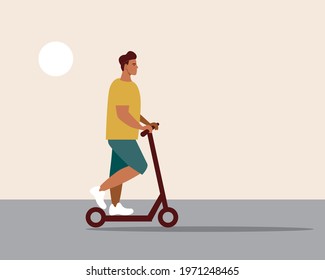 Man on e-scooter, copy space template. Flat vector stock illustration. Urban riding on an electric scooter. Driving along the road. Blank backdrop with room for text. Vector graphics