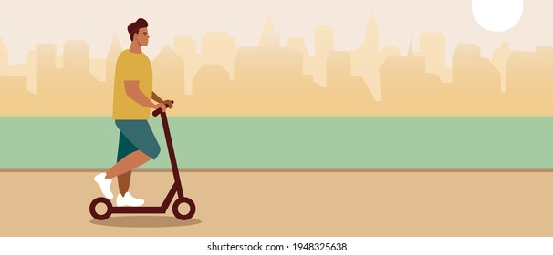 Un hombre en una motocicleta electrónica. Ilustración de material vectorial plano. Paisaje para el espacio de copia. Moto eléctrico como transporte ecológico. El chofer monta una motocicleta electrónica fuera de la ciudad. Ilustración del vector