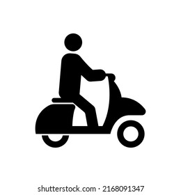 Man on Fast Speed Scooter Black Silhouette Icon. Vehicle Moped for Delivery Food Glyph Pictogram. Wheel Motor Bike Flat Symbol. Person on Quick Moto Transport. Isolated Vector Illustration.