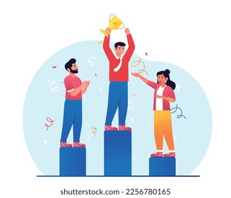 Man on first place. Young guy with golden cup on podium or pedestal. Character with trophy, best employee and competition winner. Achievement, award and reward. Cartoon flat vector illustration