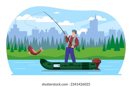 Man on fishintg boat concept. Young guy with fishing rod at lake. Active lifestyle and leisure outdoor. Fisherman with red big fish. Natural panorama. Cartoon flat vector illustration