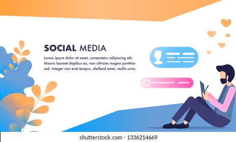 Man on Floor use Tablet Social Media Communication. Calm Male Freelancer Sit Type on Laptop. Bearded Character with Pad Chatting Write Online Message. Flat Cartoon Vector Illustration
