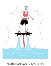 Man on flyboard. Young guy on board flies over water. Active lifestyle and extreme sports. Holiday and vacation in tropical countries. Linear vector illustration isolated on white background