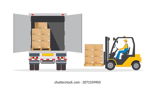 Man on forklift make loading to truck. Lorry on warehouse gets goods on pallet. Logistic illustration. Icon of lorry, fork lift, driver and cargo for delivery service. Flat icon. Vector.