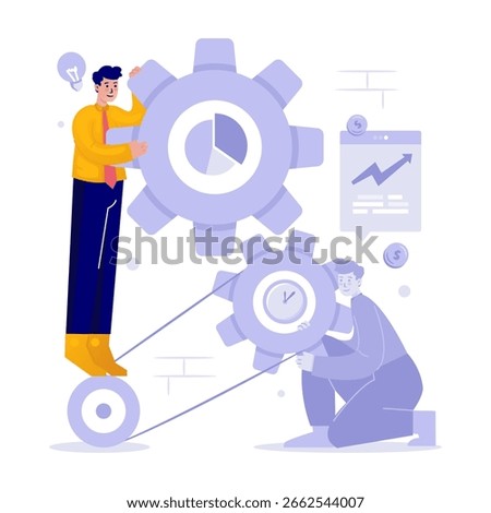 A man on gears means work productivity. Business worker with smart multitasking. Vector illustration