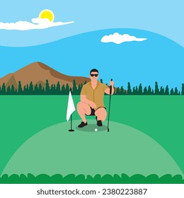 Man on a golf course. Vector illustration in flat design style.