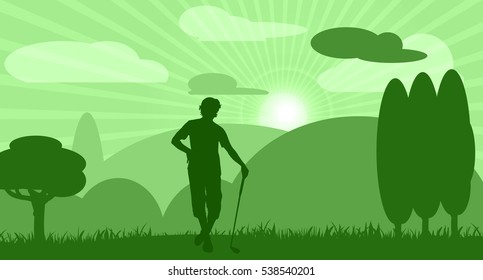 Man on golf in nature with mountains, clouds and sunshine