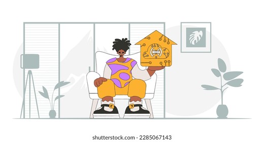 Man on ground sitting with IoT symbol, modern vector persona aesthetic.