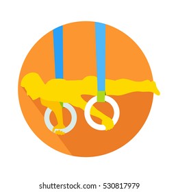 Man on gymnastic rings web button. Sportsman guy, carries out difficult exercise. Sport illustration on white background. Gymnast on rings flat style. Gymnastic rings exercise training sport. Vector