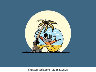 Hombre en hamaca en forma de cráneo ilustración
