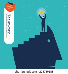 Man on a head catching a star. Vector illustration Eps10 file. Global colors. Text and Texture in separate layers.