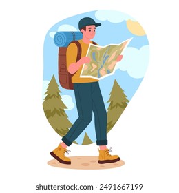 Man on hike. Male character outdoor adventure, hiking active tourist, trekking and backpacking flat vector illustration. Guy hiking on nature with backpack