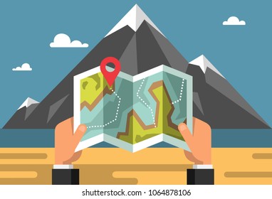 Man on a hiking trip holding a map in his hands. Colorful illustrations. Flat vector illustration.