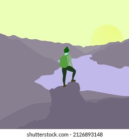 a man is on a hill looking around the hills and the river. flat illustration design vector landscape.