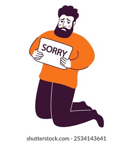 A man on his knees apologizes.Isolated on white background.Doodle character sketch icon. A man holds a sign that says sorry.