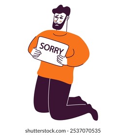 A man on his knees apologizes.Isolated on white background.Doodle character sketch icon. A man holds a sign that says sorry.