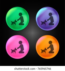 Man on his knees to cuddle his dog crystal ball design icon in green - blue - pink and orange.