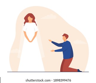 Man on his knees at girl wearing wedding dress. Bride, worship, tailor, groom. Flat vector illustration. Wedding party, relationship concept for banner, website design or landing web page