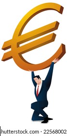 Man on his knees holding the weight of euro.