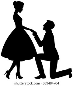 Man on his knees makes a proposal to marry the woman vector illustration