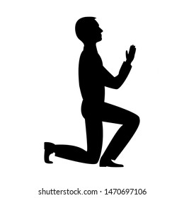 Man on his knees prays with hands up, black silhouette. Vector illustration