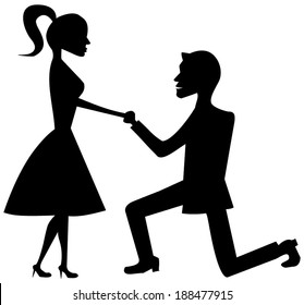 A man on his knees, proposing to marry the girl / Marriage proposal. vector art image illustration, black silhouette isolated on white background, eps10