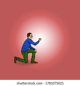 A man on his knees while showing his fist in anger. Vector illustration.