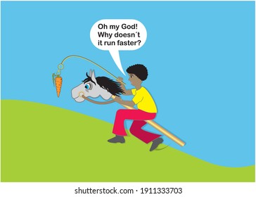 Man on hobby horse, dangling a carrot. The image could be fould with other gender and ethnicity. Vector illustration.