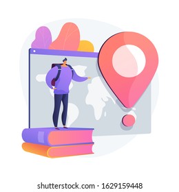 Man on holiday adventure. International tourism, worldwide sightseeing tour, student exchange program. Tourist with backpack traveling abroad. Vector isolated concept metaphor illustration