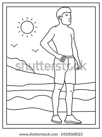 Man on a holiday beach, hand drawn colour page