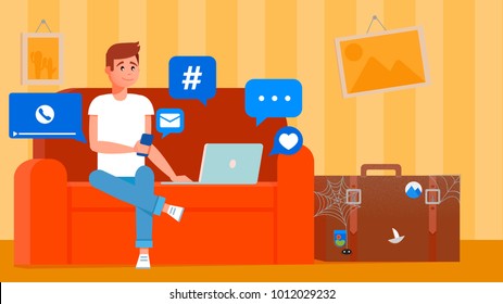 A man on holiday is sitting on the couch with a phone and a laptop. The suitcase is in the corner in the dust. Vector flat illustration