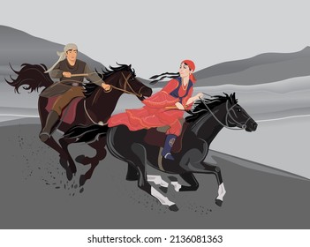 Man on a horse is catching up with a young woman in a national costume riding a horse. Holiday Nauryz tradition. Vector illustration