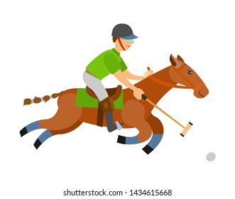 Man on horse holding stick, hitting ball on speed isolated. Vector polo player, equine sports on stallion. English horseback mounted team sport cartoon style
