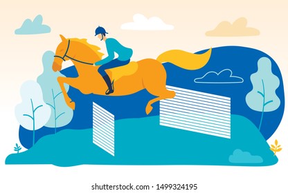 Man on Horse Skips Over Barriers. Horseback Riding. Vector Illustration. People on Farm. Horses at Farm. Equestrian Sport. Man Caring for Horse. Rider Overcomes Barriers on Background Trees.