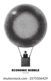 Man on hot air balloon. Businessman in basket flying on soap bubble