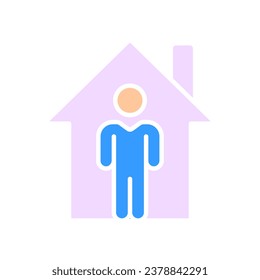 Man on house background line icon. Self-isolation, stay at home, remote work, learning from home. Vector color icon on white background for business and advertising.