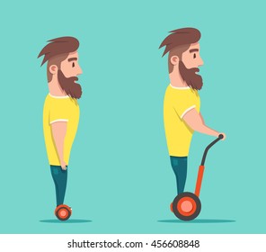 Man on hoverboard. Cartoon vector illustration. Human on Gyroscooter. Trend