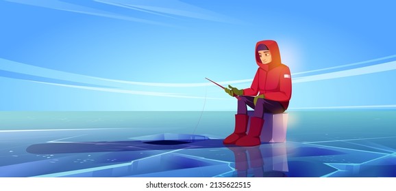 Man on ice fishing on frozen lake. Vector cartoon illustration of winter landscape with hole in blue frozen river and fisherman sitting with rod. Concept of season hobby, leisure activity